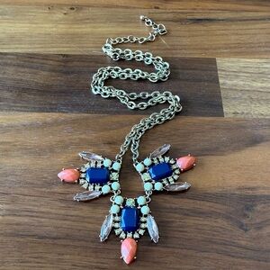 Vintage Gold Tone Orange Navy Blue Cabochon Beaded Flower Statement Necklace